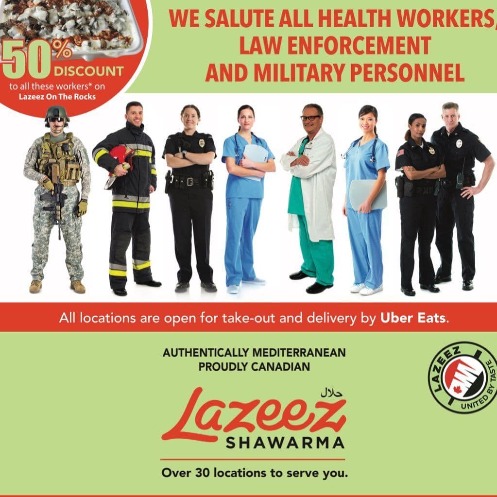 Lazeez Discount: Health Workers, Law Enforcement and Military Personnel Get 50% OFF at Lazeez (until July 3rd, 2020)